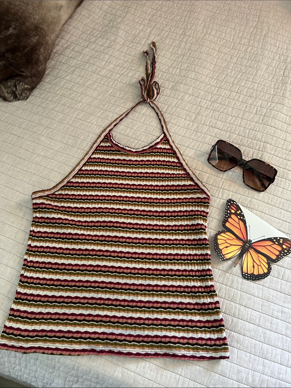 American Eagle retro multi color striped cotton halter top L